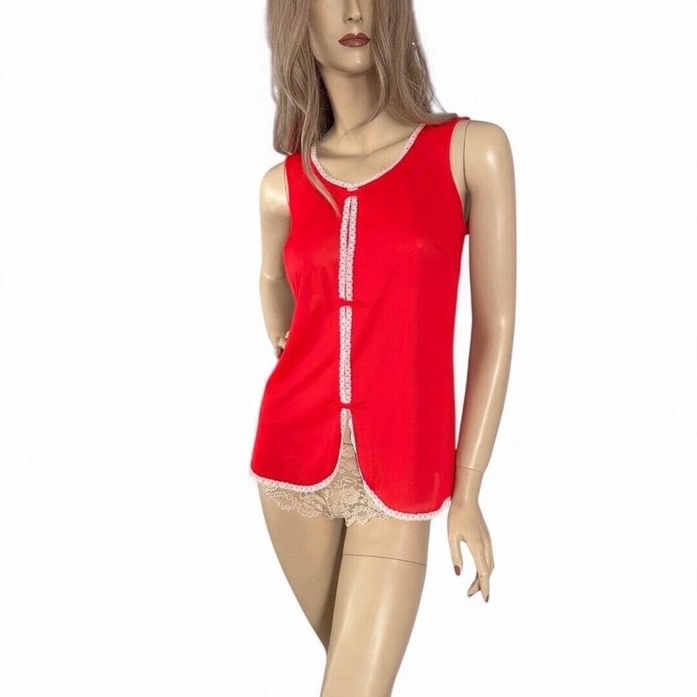 Vintage 70s Cherry Red Nylon‎ Babydoll Nightie S Coquette Lace Trim Chiffon Bow - Picture 4 of 8